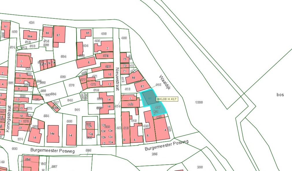 Kadastrale kaart van 2015 met in lichtblauw ingetekend het perceel van de Waaldijk 65 te Brakel