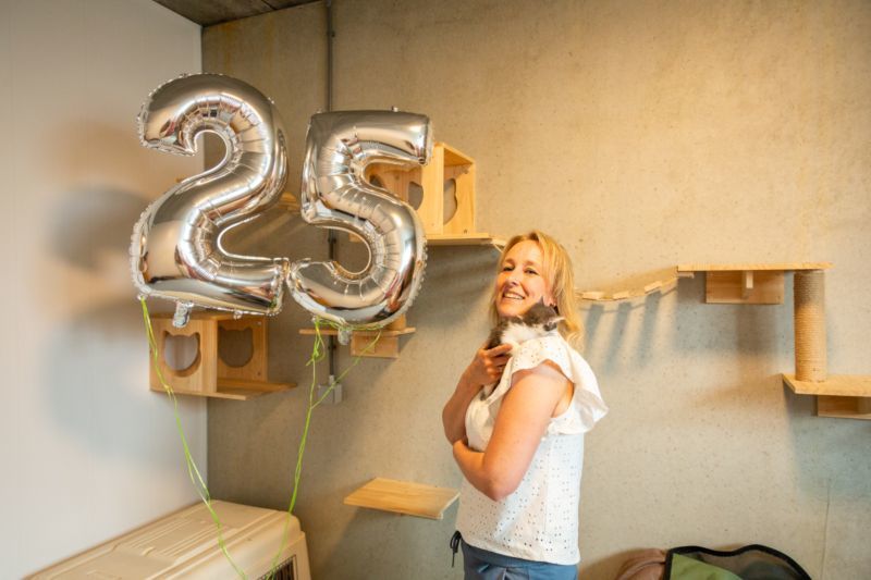 Carla Bouman in het dierenasiel. Ze houdt een kleine kitten vast. Op de achtergrond zie je zilveren ballonnen in de vorm van het getal 25.