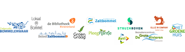 Logo's van deelnemers Nationale Klimaatweek 2024: Coöperatie Bommelerwaar,Lokaal Bommel,Bibliotheek Rivierenland,Beleef Zaltbommel,Groen Graag,Gemeente Zaltbommel,Pleegplantje,Struikroven,AVRI,Bezoekerscentrum DGR, Elliz in Company, Het Groene Huis