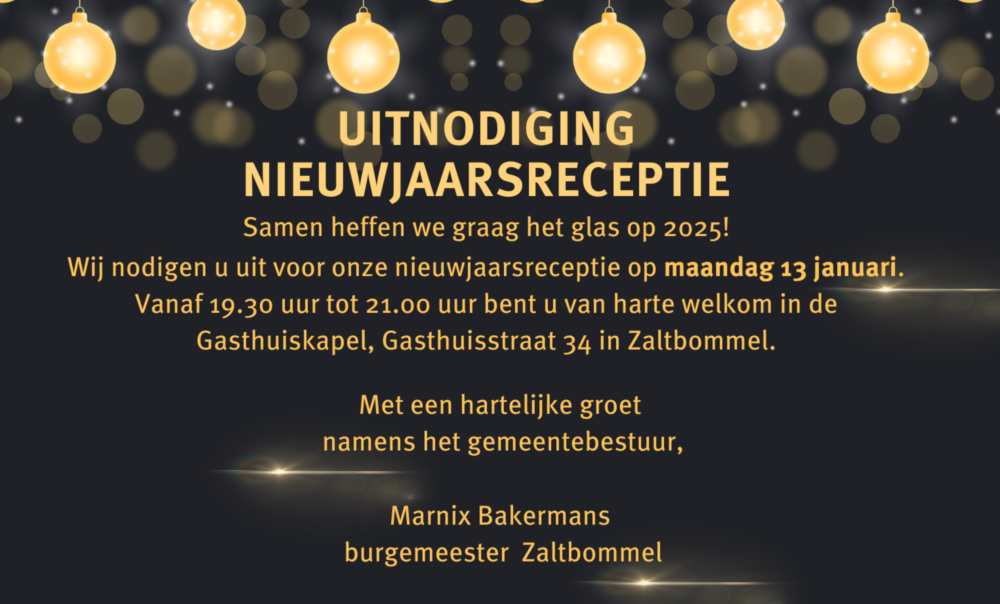 Uitnodiging nieuwsjaarsreceptie met tekst en kerstballen. De tekst staat onder de afbeelding uitgeschreven